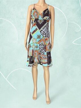 Lily A-Line Strap Brown Orange & Teal Patchwork Summer Midi Dress